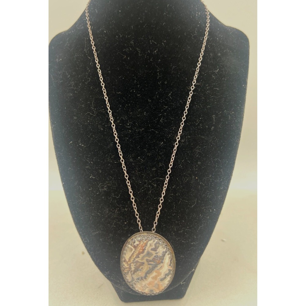 Vintage MZ Agate Pendant Necklace 20" Sterling Silver Handwrought Crazy Lace
